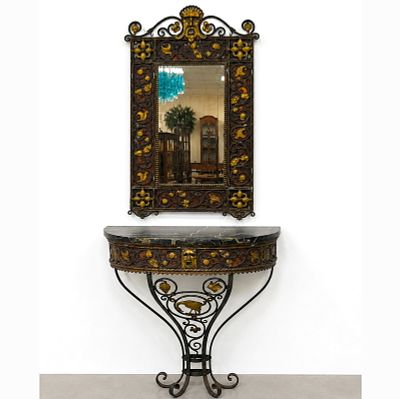 1920s Vintage Oscar Bach Wrought Iron Marble Top Console Table and Matching Wall Mirror. Gothic 