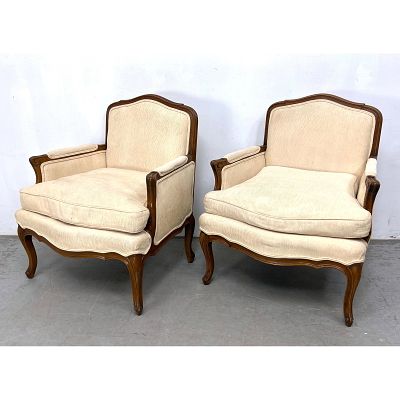 Pair Baker Fruitwood Bergeres Lounge Chairs. Dimensions: Height: 32 inches, Width: 28 inches 