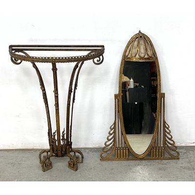 Art Deco console table and mirror set in the style of Oscar Bach. Mirror with lighted top. 