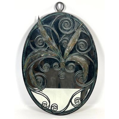 Antique French Art Deco Wrought Iron Wall Mirror. Ornate scrolls and leaves. Edgar Brandt 