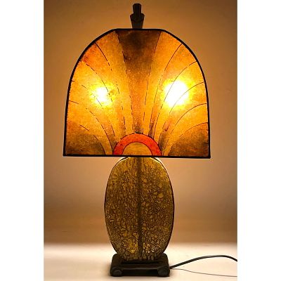 French Art Deco Antique Mica Shade Table Lamp. Amber Crackle Glass Form Supports Mica Shade 
