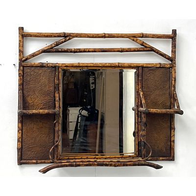 Victorian Antique Bamboo Shelf Wall Mirror. Late 19th cent. Aesthetic Movement Mirror with 
