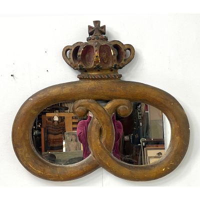 Vintage Decorator Mirror. Pretzel style form with decorative crown crest. Gilt and Polychrome 
