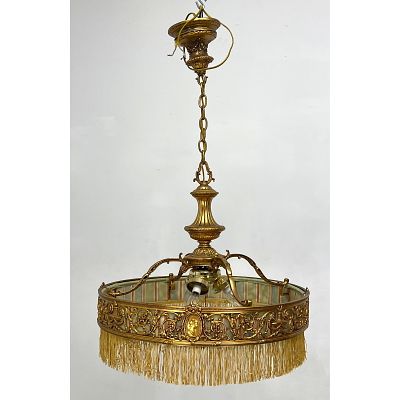 Vintage Elaborate Gilt Bronze Hanging Chandelier. Round Open Frieze with Portrait Medallions 