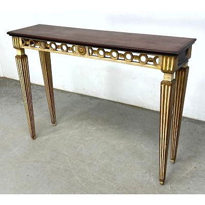 Italian Gilt Wood Console Table. Walnut Top. Unmarked. Dimensions: Height: 32 inches, Width: 45 