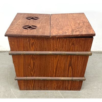 Japanese Style Wood Storage Box Planter. Zinc lined. Dimensions: Height: 20.75 inches, Width: 