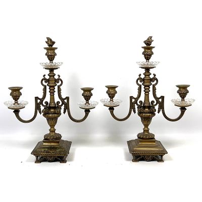 Pair of brass three-light candelabra is designed in the Neoclassical style, Dimensions: Height: 