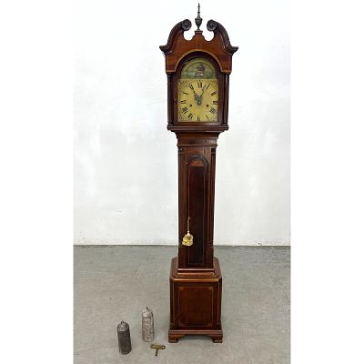 Antique Miniature Federal style tall case style clock. Painted face with ship. Mahogany case 
