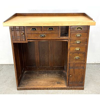 Vintage Oak Jewelers Work Bench Cabinet. Dimensions: Height: 40 inches, Width: 40.5 inches 