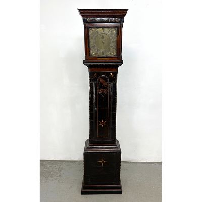 1785 Antique Tall Case Clock. Brass face and Heavily Inlaid with Pennsylvania Dutch style 