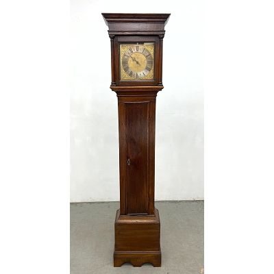 Hein Clark Wooton Antique Georgian oak tall Case Clock. Square hood with simple turned columns 