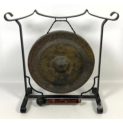 Buddhist Bronze Gong with Stand, Asian. Etched dragon design. See video: 