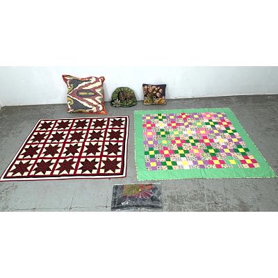 Collection Decorative Textiles including 1989 Star Quilt. Square Design Quilt. Pillows 