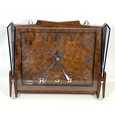 Unusual Burl Walnut Wood Art Deco Wall Clock. Chrome and Black Lacquer Accent and Trim. Face 