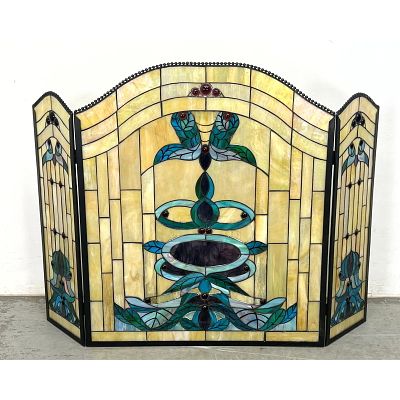 Contemporary Stain Glass 3 Panel Fire Screen. has round jewels. Dimensions: Height: 34.75 