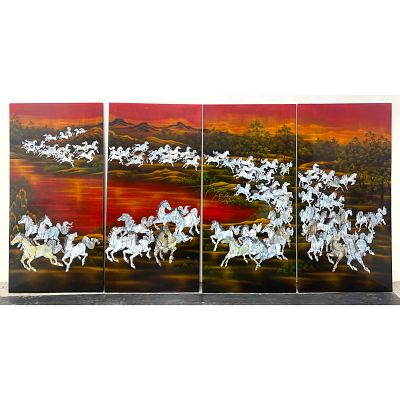 4 Panel Vietnamese Lacquer and Mother of Pearl Wall Painting. Depicts the story of 100 horses. 