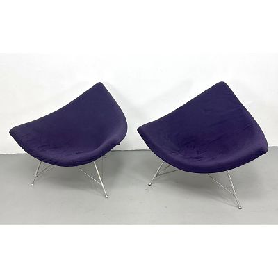 Pair of Early GEORGE NELSON Herman Miller coconut chairs in purple hopsack fabric Dimensions: 