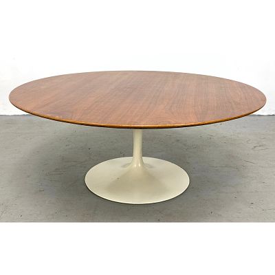 Eero Saarinen for Knoll Walnut Tulip Coffee Table. White Pedestal Base. Signed with Knoll 