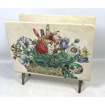 Piero Fornasetti Milano Floral Basket Magazine Rack with Tapered Brass Toned Metal Legs and 