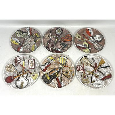 6pc Set Piero Fornasetti Milano Instrumenti Musicali Decorative Ceramic Plates. Made in Italy. 