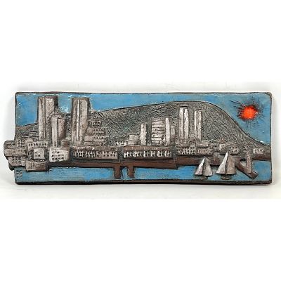 Roman Marek Brutalist Ceramic Montreal Cityscape Relief Plaque Signed R Marek and Montreal 