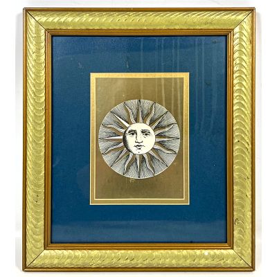 Framed Piero Fornasetti style Soli Sun print on metallic gold field with deep blue mat and gold 