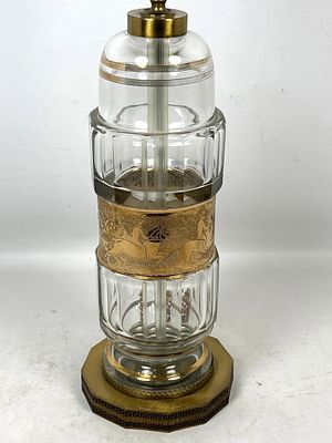 Vintage Moser Style Carved and Gilt Table Lamp. Dimensions: Height: 32.5 inches, Width: 7 