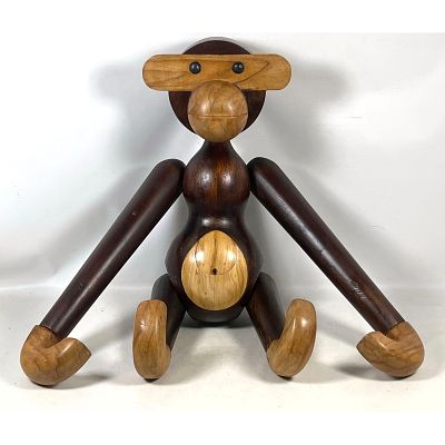 Large Wood Sculpture After Kay Bojesen Articulated Monkey Figure. Unmarked Dual Tone with 