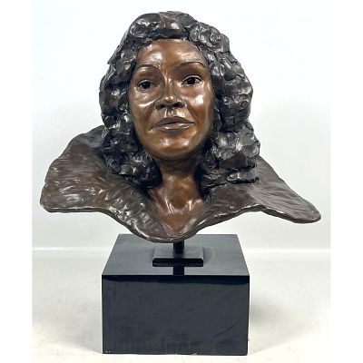 J. Kimmel Bronze Portrait Bust titled Enigma. Dated 89. Life sized sculpture on black pedestal 