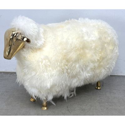 Francois-Xavier Lalanne Style Sheep Sculpture Stool. Genuine sheepskin With Brass Head And 