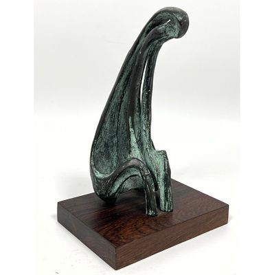 PEN 62 Mid Century Abstract Figural Bronze Sculpture on Rosewood Base, Signed PEN 62. Henry 