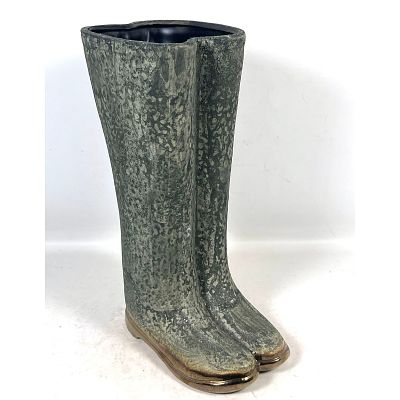 Large ceramic floor vase umbrella stand sculpture formed as a pair of joined rain boots. 