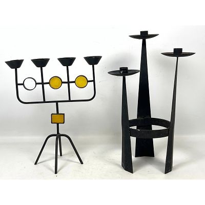 2pcs Mid-Century Modern Brutalist Metal Candelabras one attributed to Gunnar Ander for Ystad 