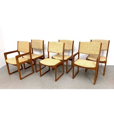 Set 6 Danish Modern Style Teak Sled Base Dining Chairs Attributed to Benny Linden 2 Armchairs 