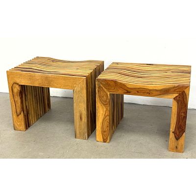 Pair of Contemporary Slatted Exotic Hardwood Stool Benches with Wave Form Undulating Tops and 