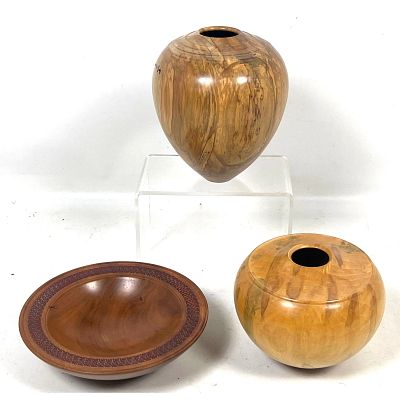 3pc David Souza Studio Turned Wood lot featuring Spalted Maple vessel, Flame Box Elder vessel 