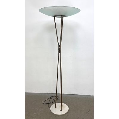 Rare Stilnovo floor lamp with textured glass shade. Marked. Dimensions: Height: 73.5 inches 