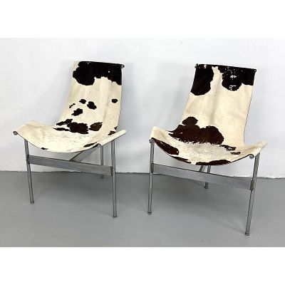 Pair of Katavolos, Littel and Kelley TG-10 T chairs with cowhide sling seats. Dimensions: 