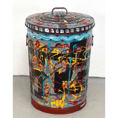 Dennis Sakelson Graffiti Painted Metal Trash Can with Lid. Abstract Expressionist Drip Style. 