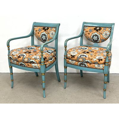 Pr Painted and Gilt Neoclassical Style Armchairs with Large Scale Floral Tapestry Upholstery 