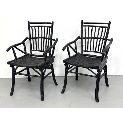 Pair of Chinese Chippendale Style Black Painted Bamboo Armchairs Dimensions: Height: 36.5 