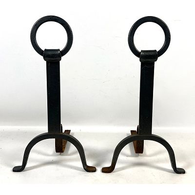 Pair of Wrought Iron Modernist Andirons with Large Ring Finials in the Style of Pilgrim 