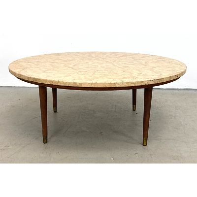 Mid Century Modern Round Marble Top Table. Dimensions: Height: 14 inches, Width: 36 inches 