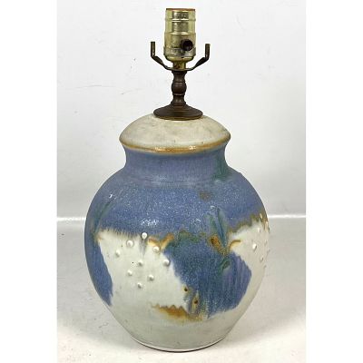 Mid Century Modern Studio Pottery Table Lamp featuring Mottled Blue and Green Drip Glaze over 