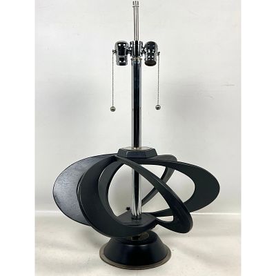 Atomic Mid Century Modern Wood Table Lamp in Black Finish. Dimensions: Height: 28 inches 