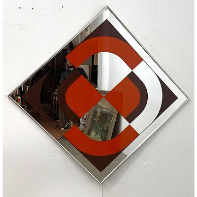 Geometric Graphic Wall Mirror in the style of Turner Accessory in Silver Toned Metal Frame 
