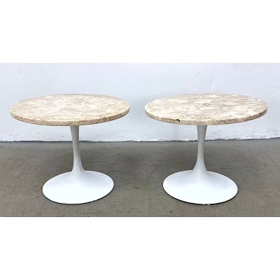 Pair Tulip Pedestal Side Tables with Circular Brecciated Marble Tops and White Coated Trumpet 