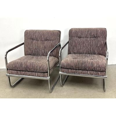 Pr Mid Century Modern Chrome Sled Base Lounge Chairs in the style of Jerry Johnson with striped 