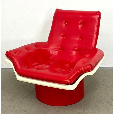 Morris Futorian Mid-Century Modern Space Age pedestal lounge chair. Red button tufted vinyl. 