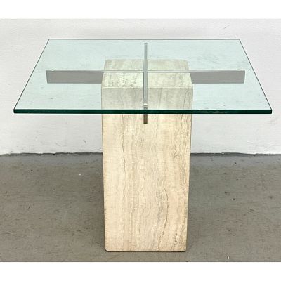 Italian Postmodern Travertine and Glass Side Table attributed to Artedi with Polished Metal 